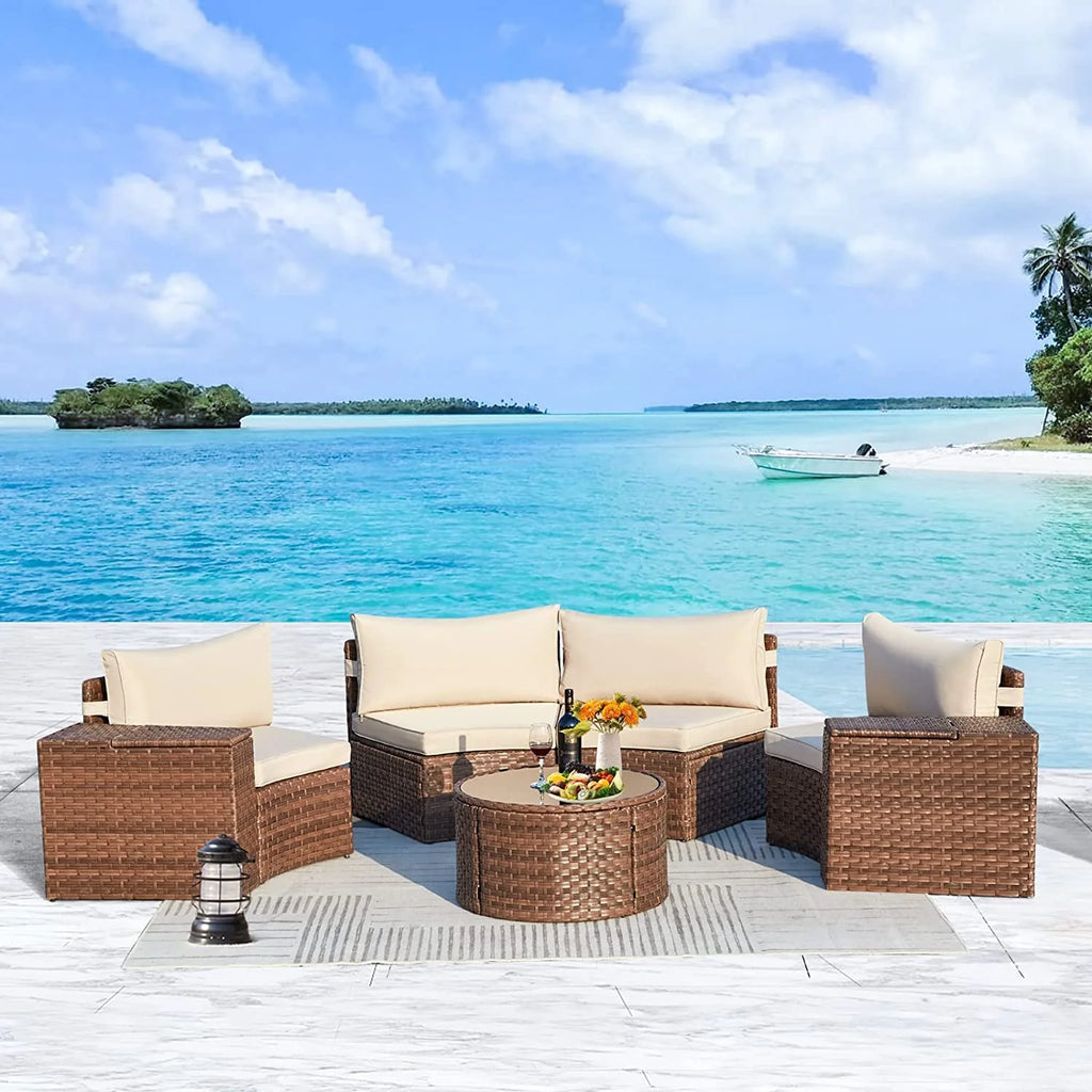 7 Piece Outdoor Patio Sectional Sofa Set with Storage Armrest R6798