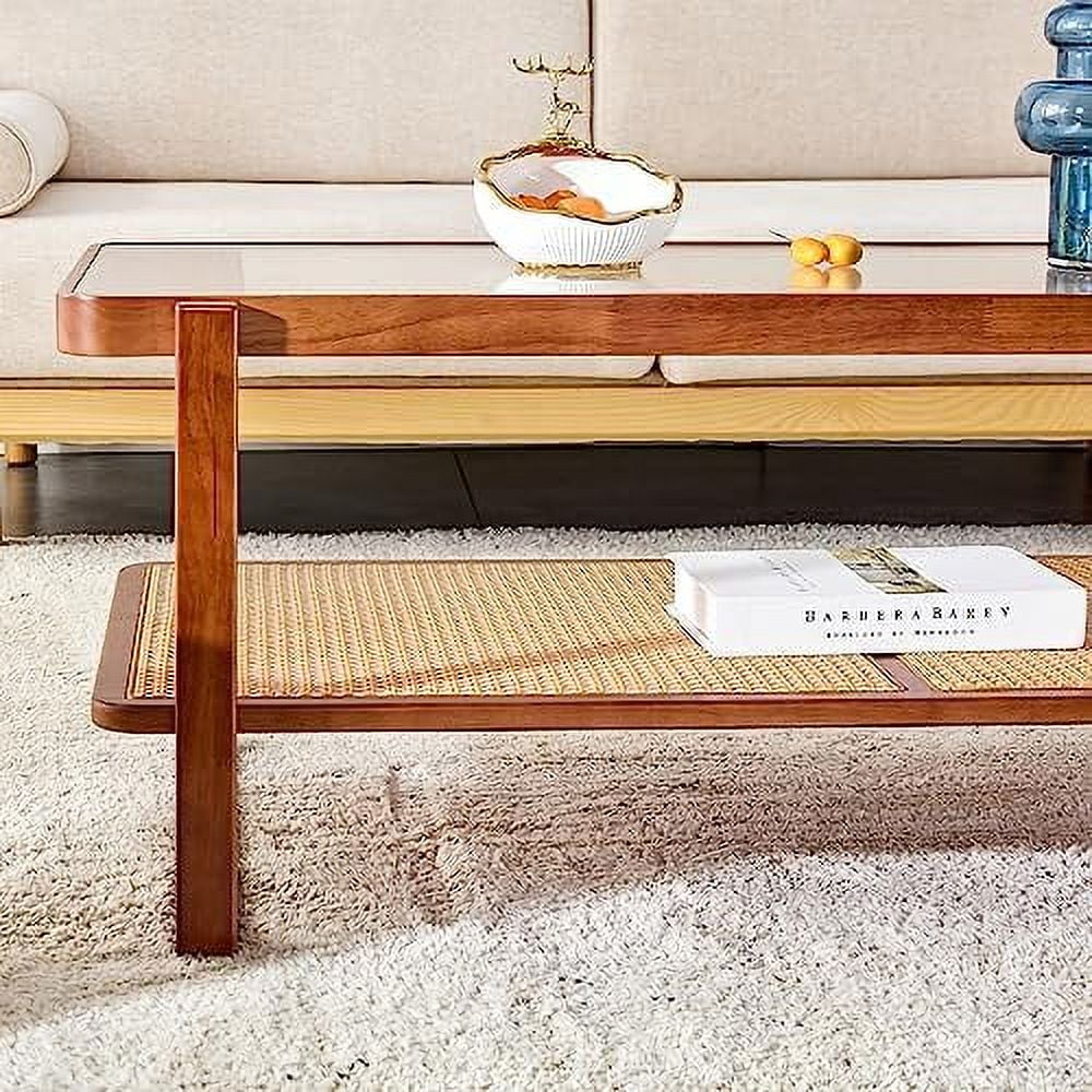 Modern Rattan Woven Glass Desktop Solid Wood Coffee Table S643