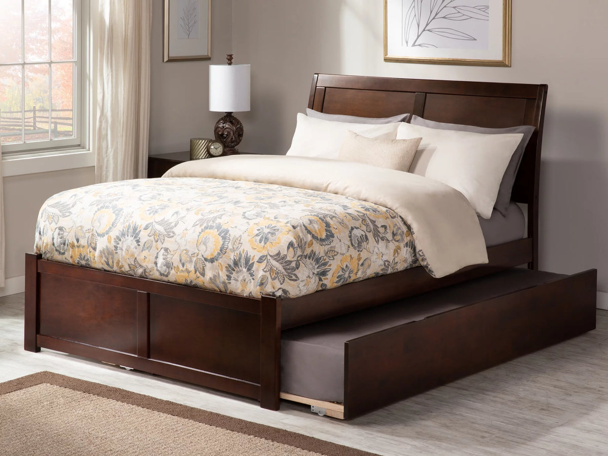 Queen Wood Platform Bed with Headboard Footboard & Twin XL Trundle Walnut V4444