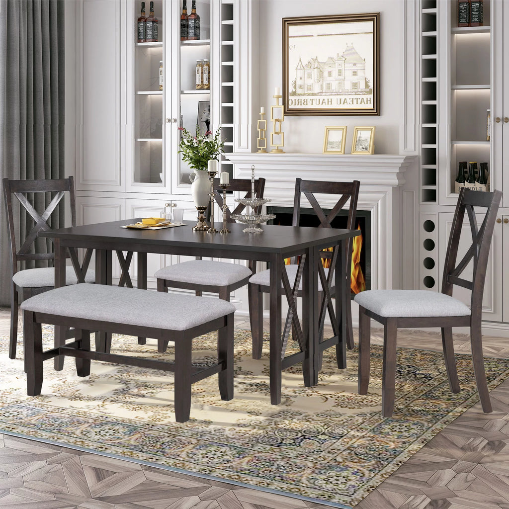 6 Pieces Wood Dining Table Set with Bench and 4 Cushioned Chairs D1648