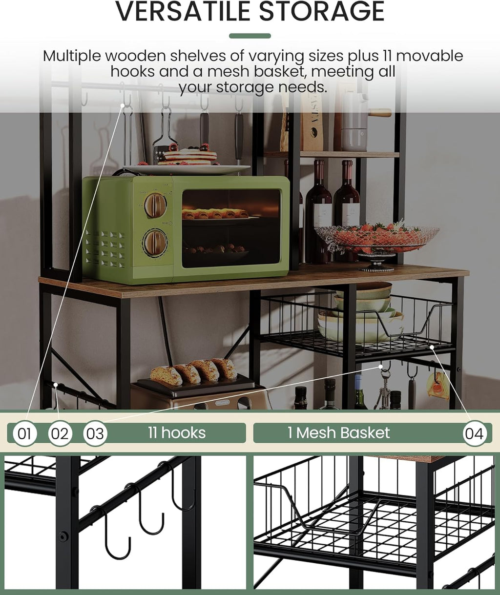 Rustic Brown and Black Floor Standing Bakers Rack with Power Outlet B69982