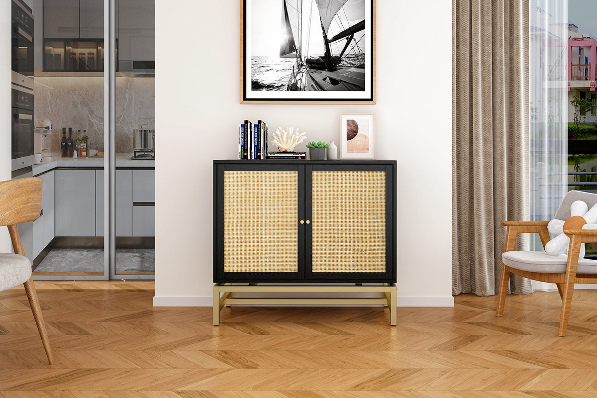 Black Set of 2 Rattan 2 Door Cabinet S12316