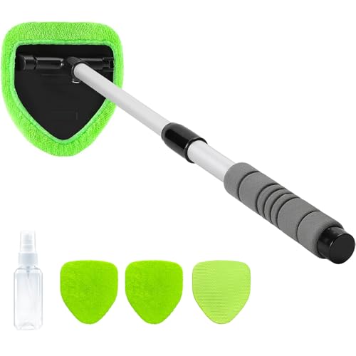 Portable Windshield Cleaner Tool with Extendable Handle and 4 Microfiber Towel Pads K46944