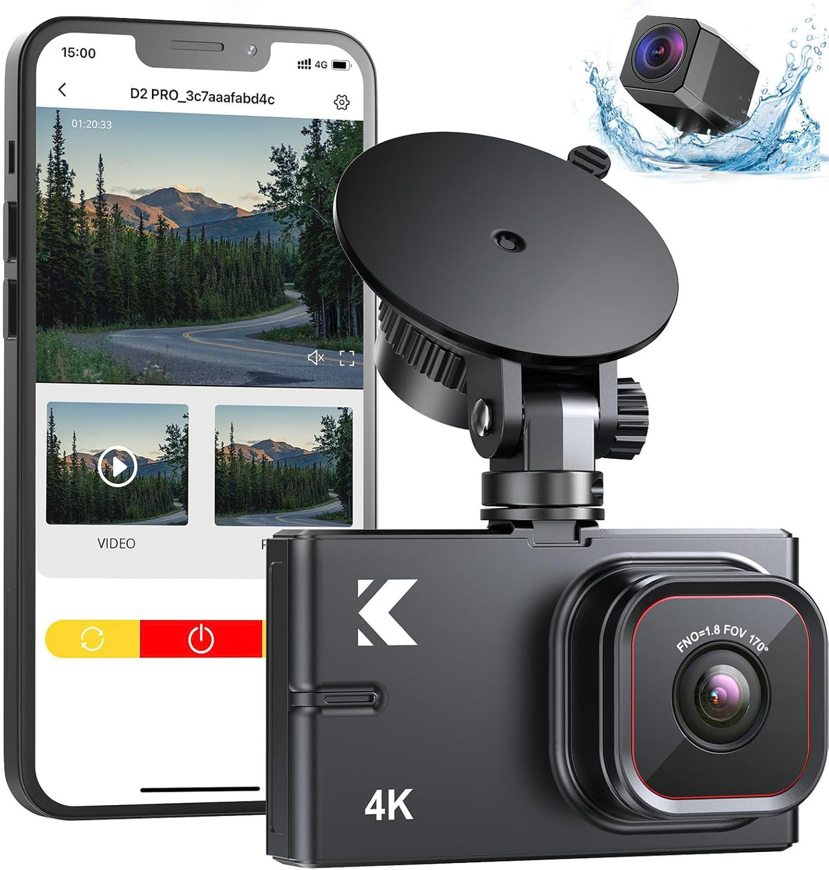 4K Front and Rear Dual Dash Cam with WiFi, Night Vision, Black F472728