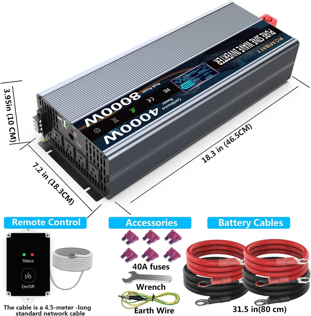 4000Watt 12V DC to AC 110V 120V Power Inverter with Remote Control 4 AC Outlets Dual USB Port G9683