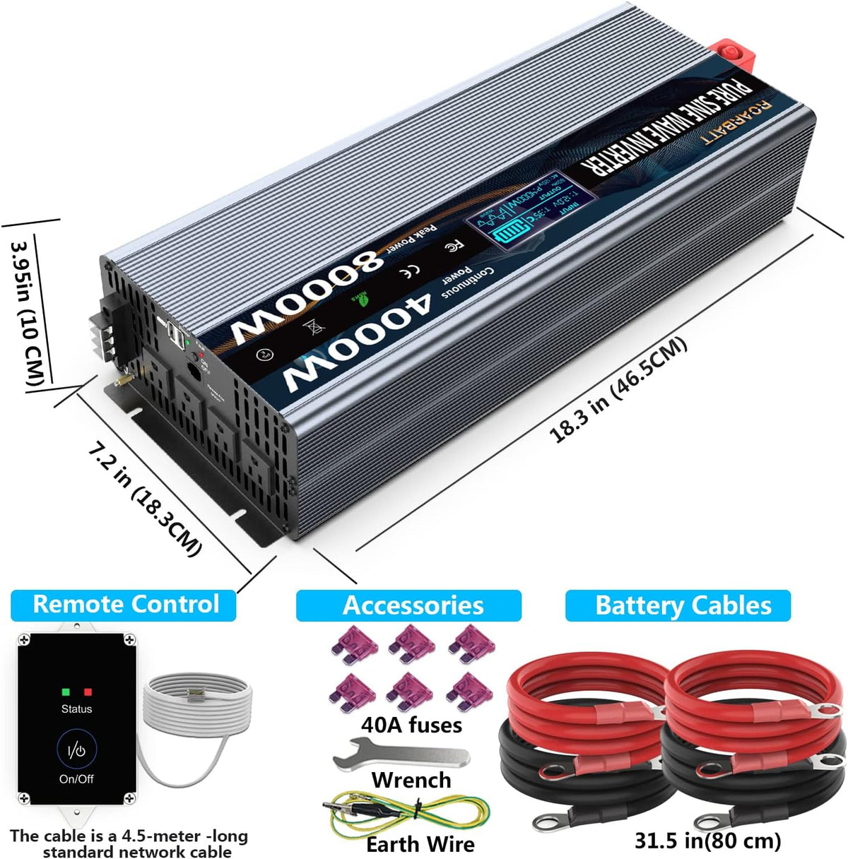 4000Watt 12V DC to AC 110V 120V Power Inverter with Remote Control 4 AC Outlets Dual USB Port G9683