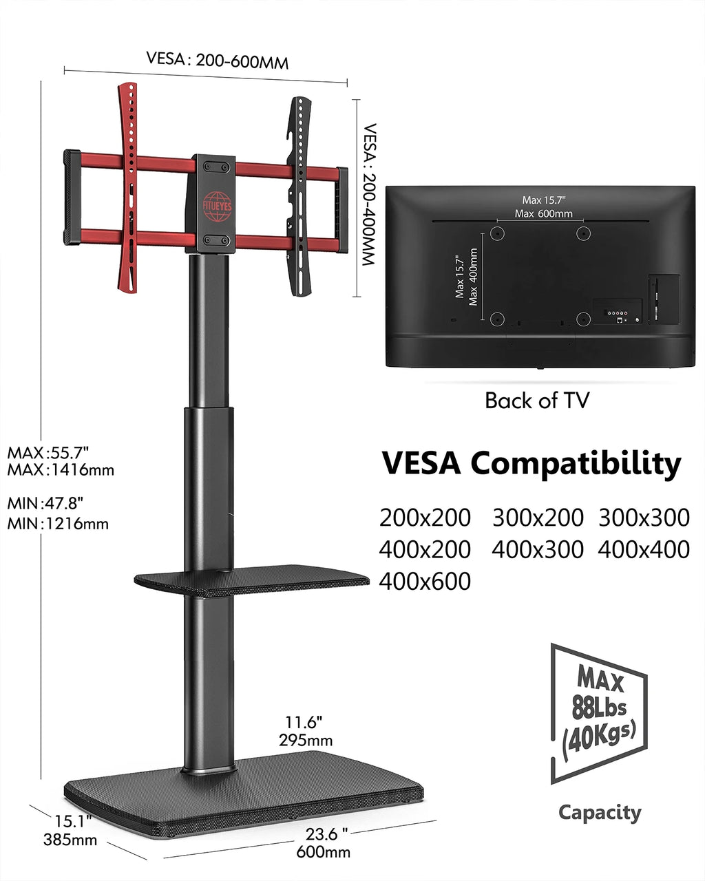 Floor TV Stand Mount with Swivel Bracket up to 65" Black W66795