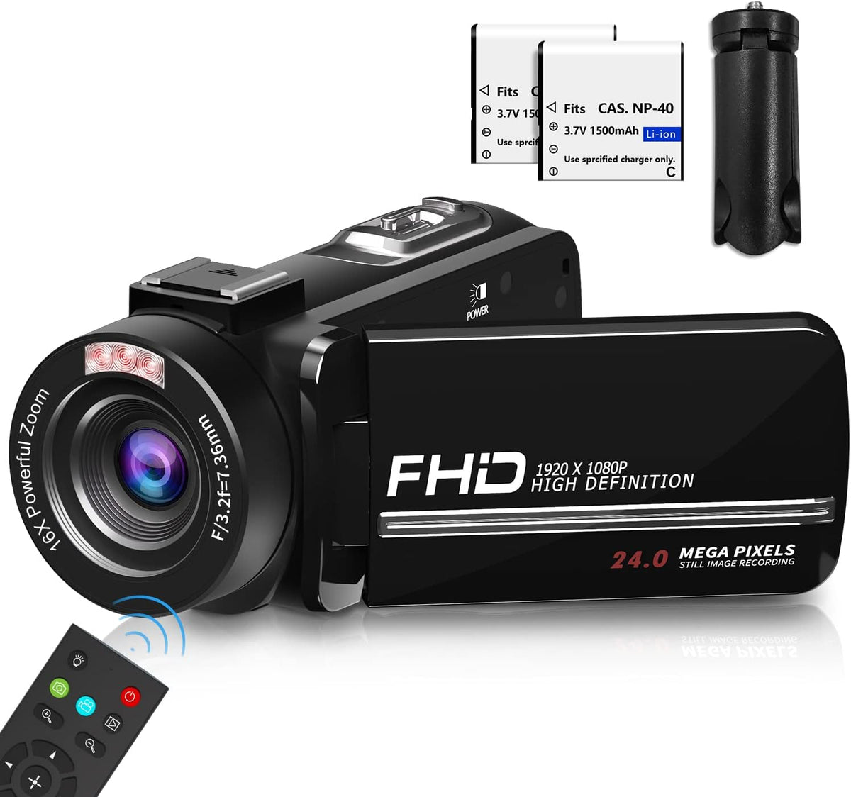 FHD 1080P Camcorder with Tripod and 2 Batteries A391