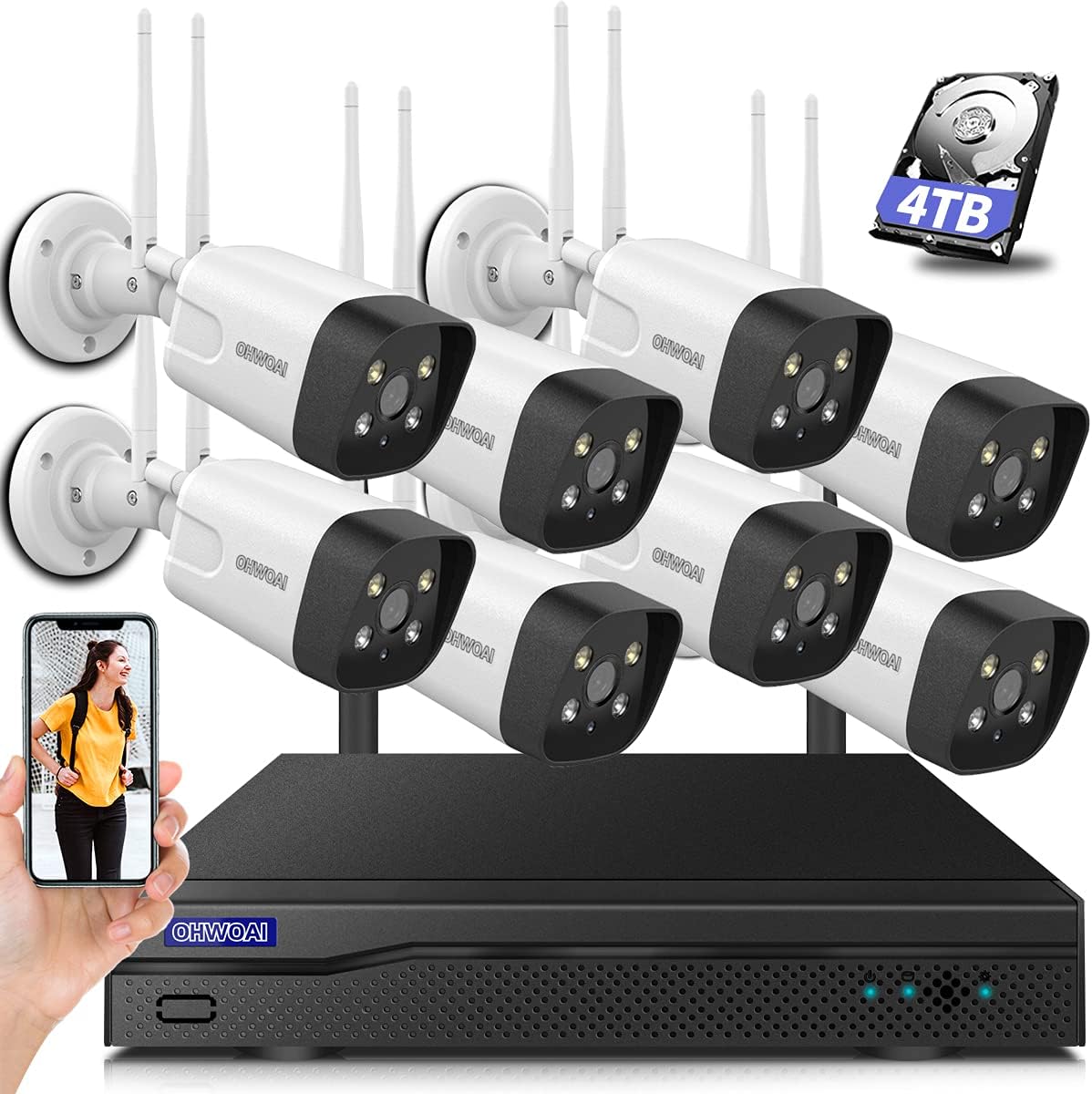 Wireless Security Camera System, 8Pcs 5.0MP CCTV Home Wi-Fi IP Cameras, 8 Channel NVR, 4TB HDD, IP67 L9930