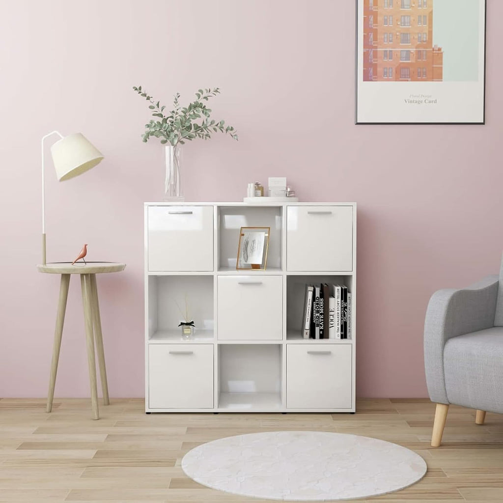 High Gloss White Chipboard Bookcase with Storage Shelves and Door Cabinet D442543