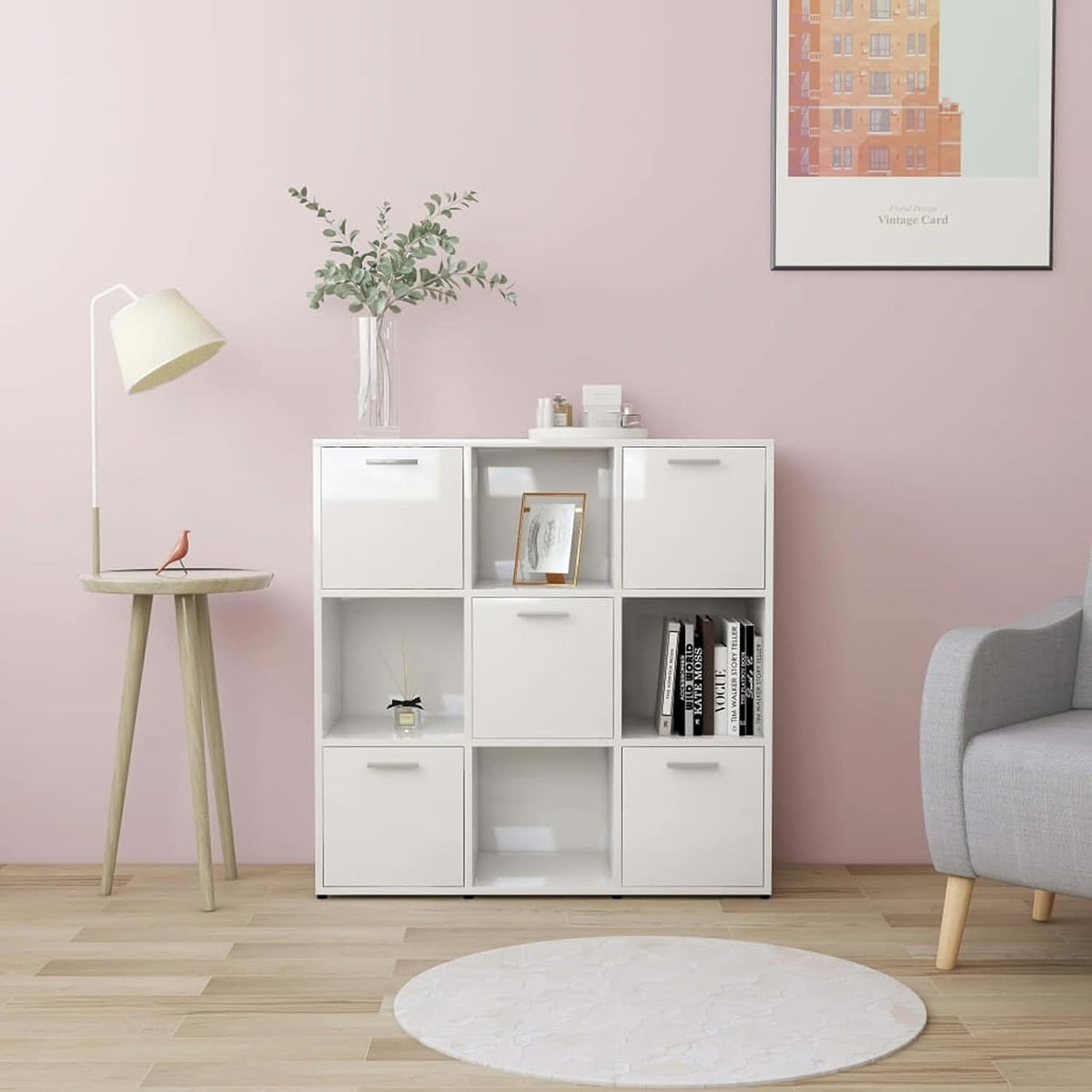 High Gloss White Chipboard Bookcase with Storage Shelves and Door Cabinet D442543