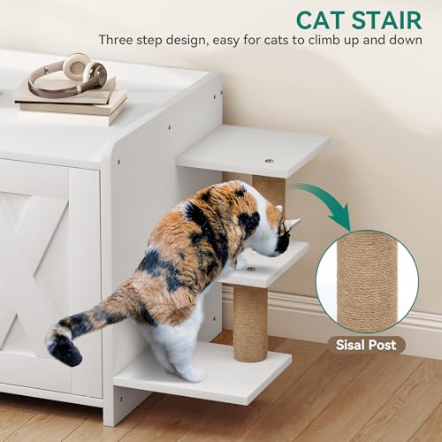 White Wooden Cat Litter Box Enclosure with Scratching Post T320360