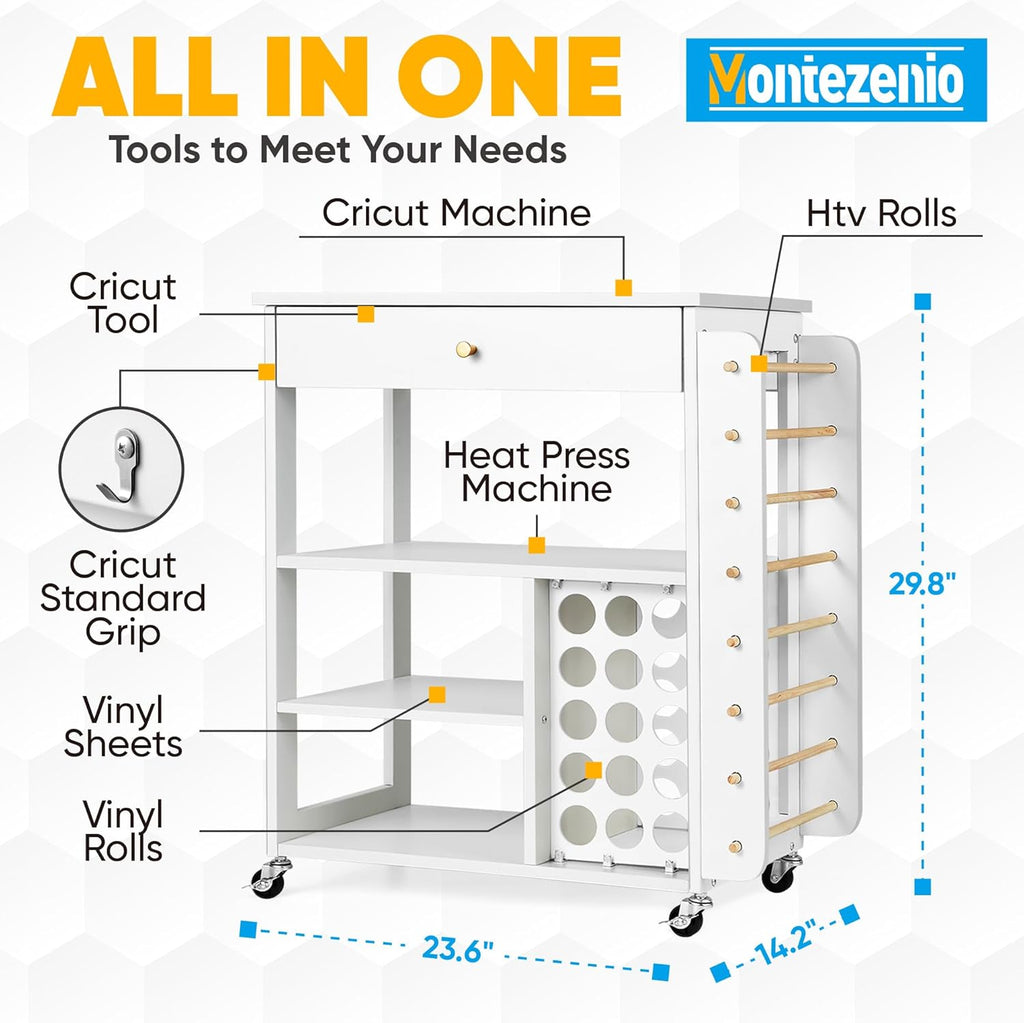 Mobile Craft Storage with 23 Vinyl Roll Holder, Craft Table Stand with Wheels, Crafting Cabinet with Large Drawers X4323