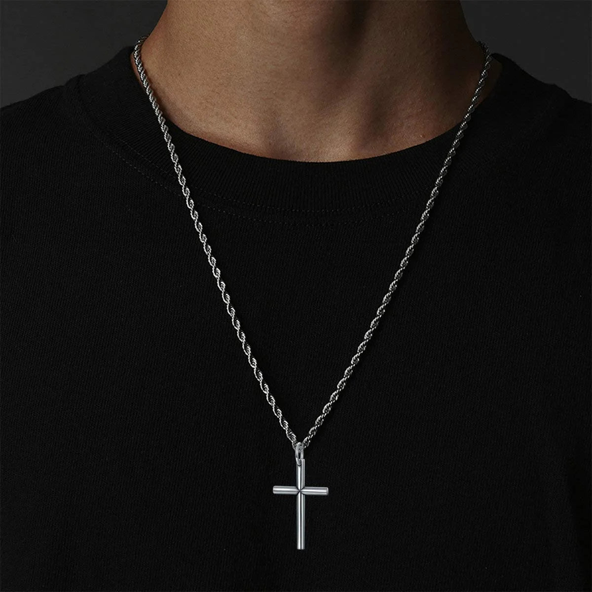 Sterling Silver Cross Pendant Necklace Cuban Chain Necklace Rope Chain Necklace D582
