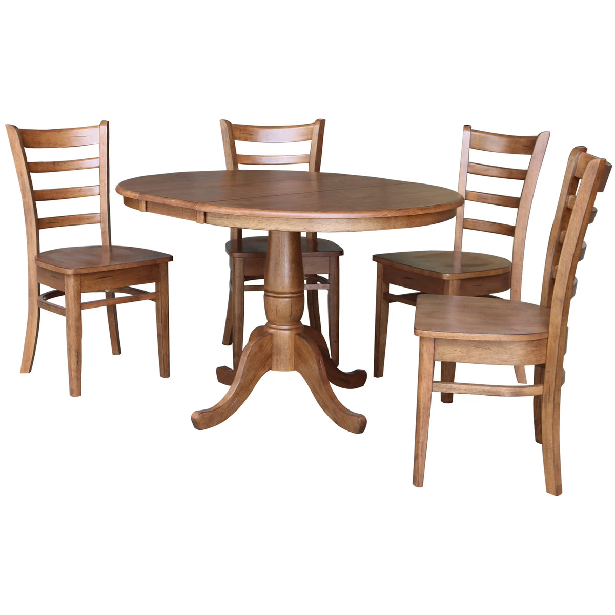 Solid Wood 5-Piece Dining Set with 36 in. Round Extension Dining Table and 4 Ladder Back Chairs in Distressed Oak S619