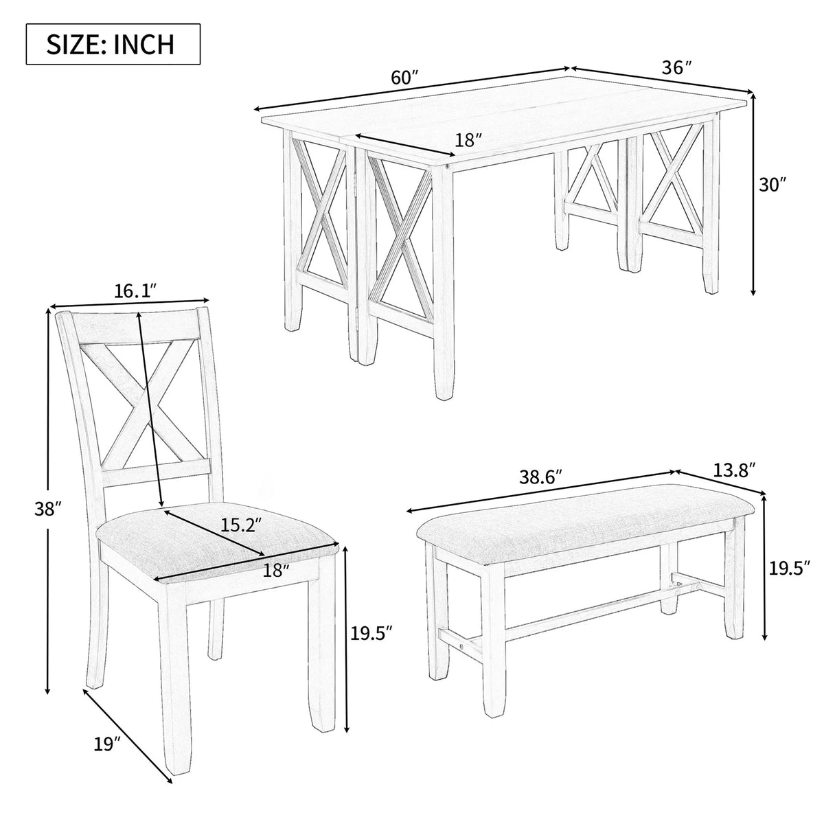 6 Pieces Wood Dining Table Set with Bench and 4 Cushioned Chairs D1648