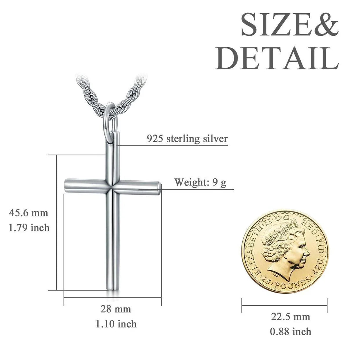 Sterling Silver Cross Pendant Necklace Cuban Chain Necklace Rope Chain Necklace D582