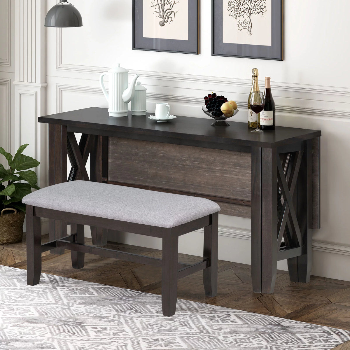 6 Pieces Wood Dining Table Set with Bench and 4 Cushioned Chairs D1648