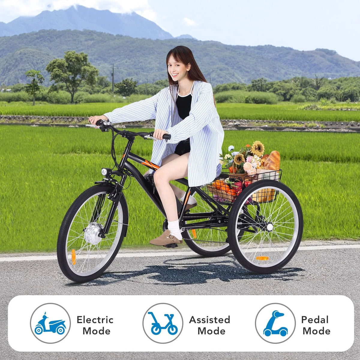 Electric Tricycle 7 Speeds 3 Wheels with Large Basket Orange F378