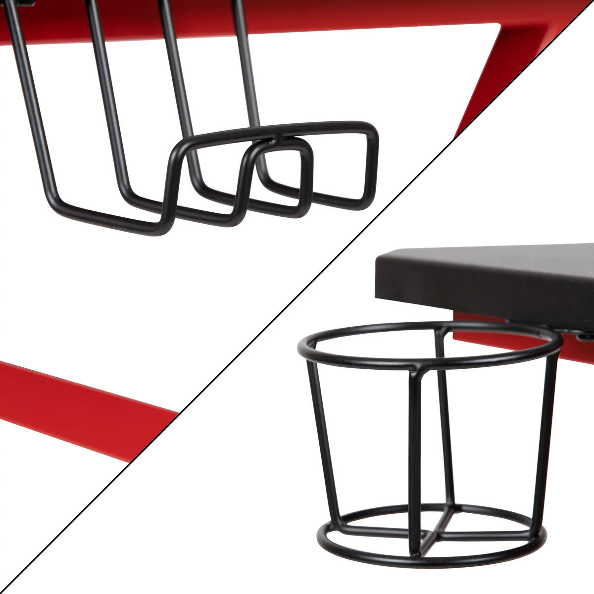 Red Ergonomic Gaming Desk with Cup Holder J377