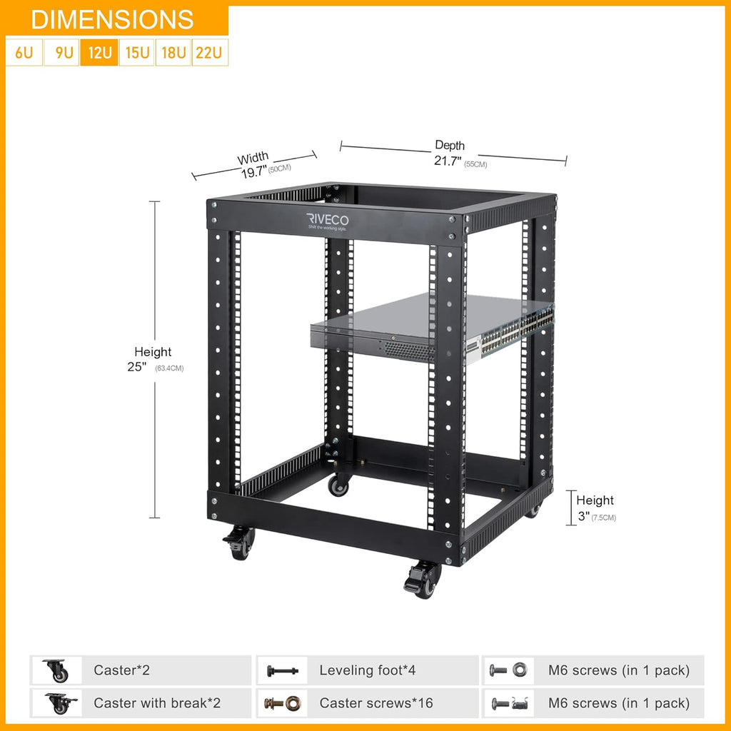 12U Open Frame 19-inch Server Rack with Casters L1153