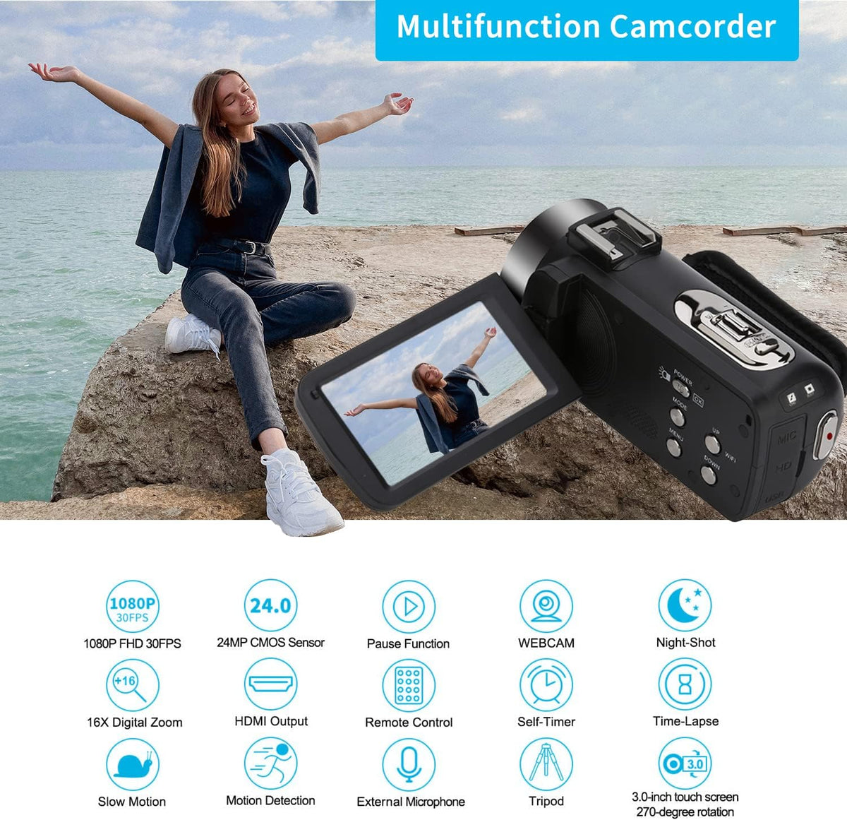 FHD 1080P Camcorder with Tripod and 2 Batteries A391