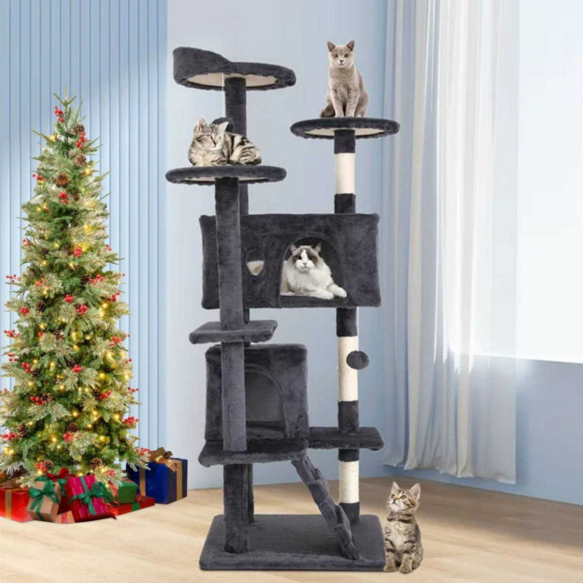 54-in Double Condo Cat Tree Tower Playhouse with Scratching Post & Perch G37668