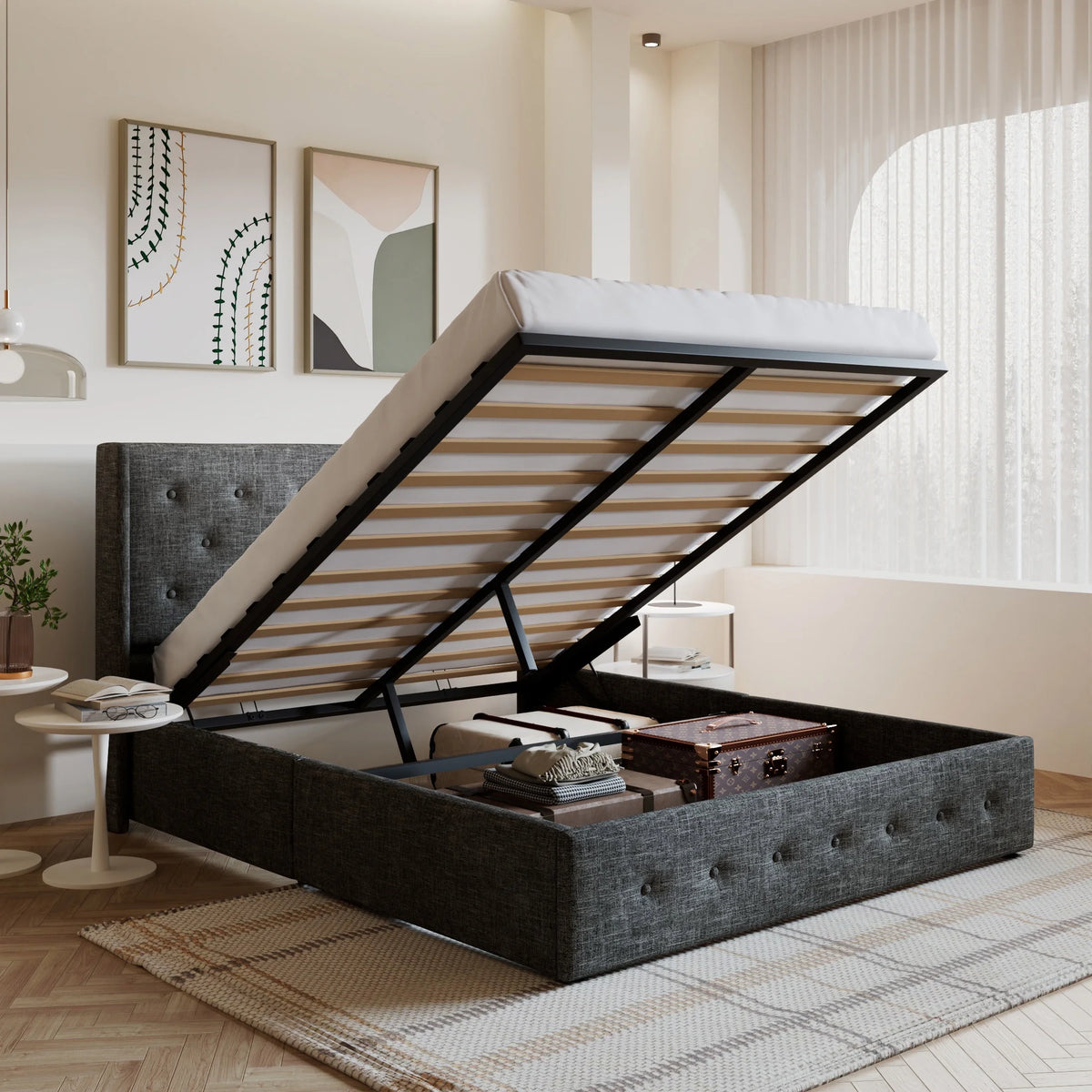 King Size Upholstered Lift up Storage Platform Bed Frame with Wingback Headboard, Beige N7860