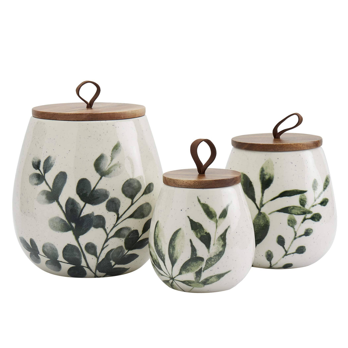 3PC Green Leaf Canisters with Acacia Wood Lid Y444994