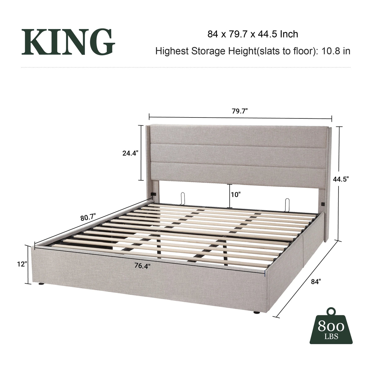 King Size Upholstered Lift up Storage Platform Bed Frame with Wingback Headboard, Beige N7860