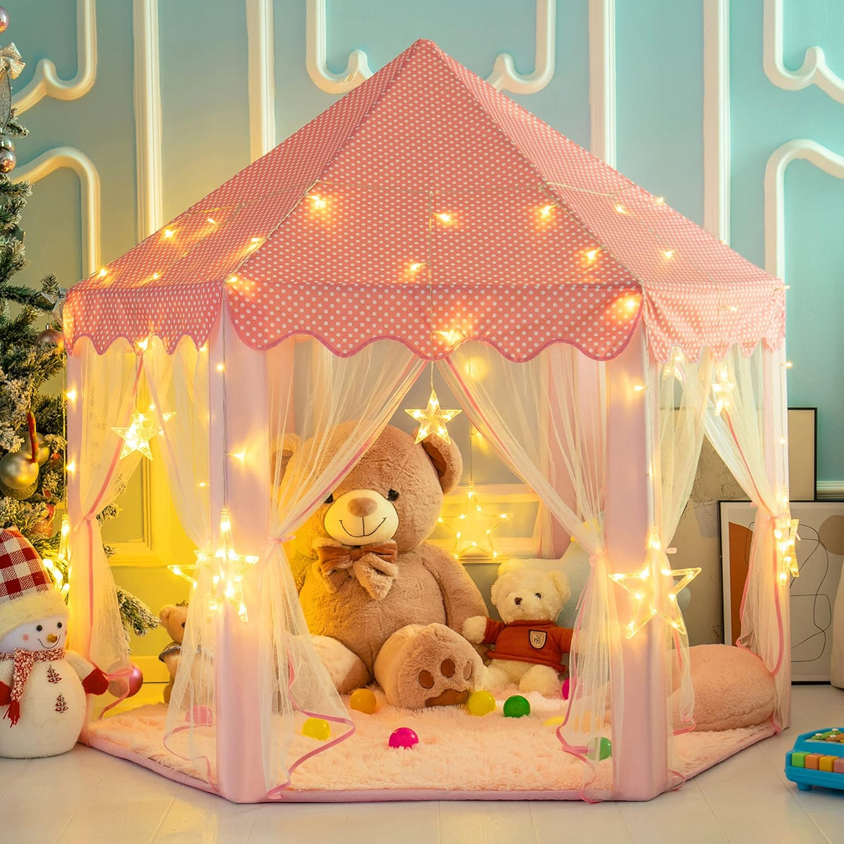 Princess Tent with Star Lights and Ocean Balls, 55 × 53 inches, Pink F527