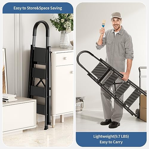 Black Aluminum Folding Step Stool with Handgrip E700