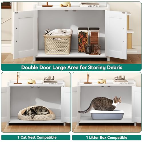 White Wooden Cat Litter Box Enclosure with Scratching Post T320360
