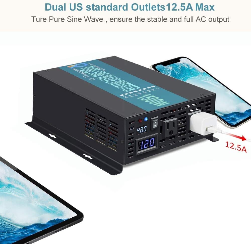 1500W Pure Sine Wave Power Inverter with 2 AC Outlets J865196