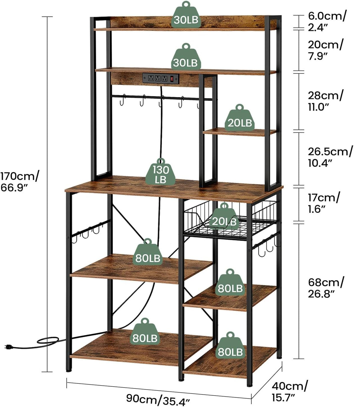 Rustic Brown and Black Floor Standing Bakers Rack with Power Outlet B69982