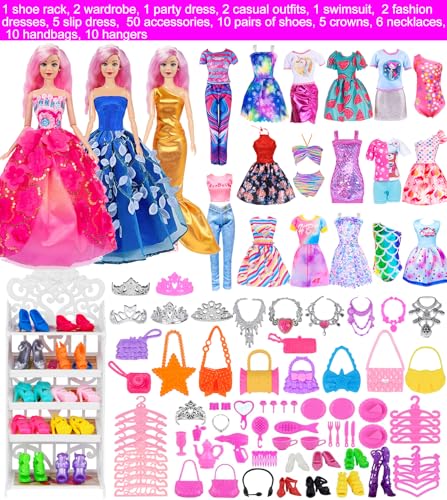 105 Pcs Doll and Closet Playset Wardrobe Set Including One Doll Wardrobe Shoes Rack Dress Shoes Hangers Necklace C57725