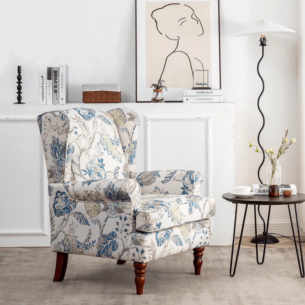 Blue Floral Print Upholstered Armchair W638