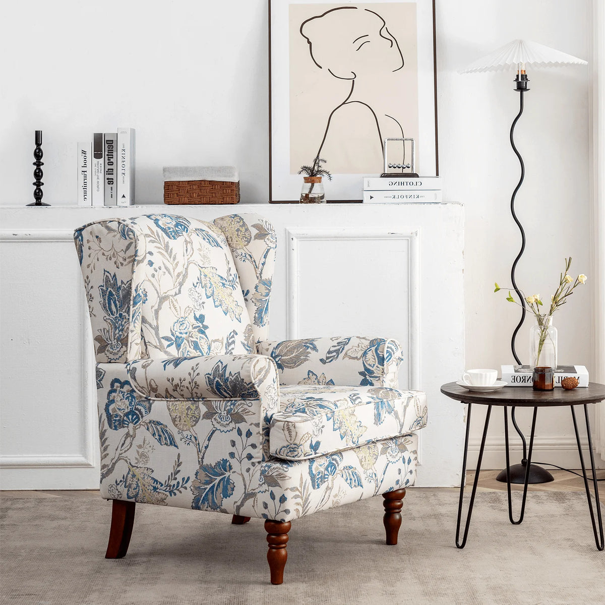 Blue Floral Print Upholstered Armchair W638