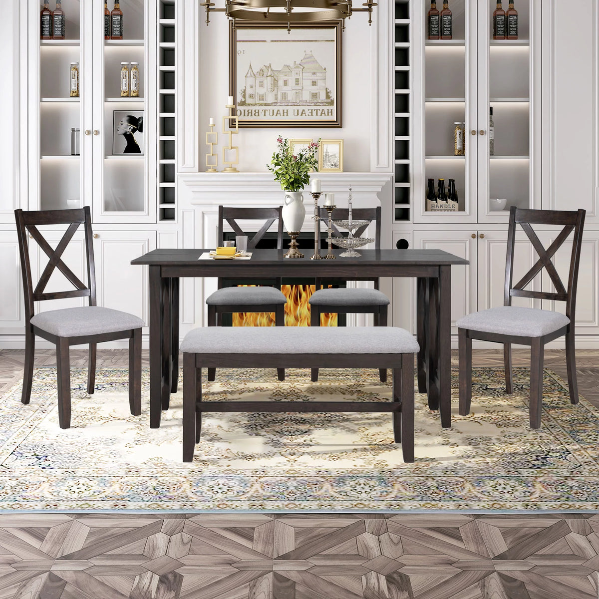 6 Pieces Wood Dining Table Set with Bench and 4 Cushioned Chairs D1648