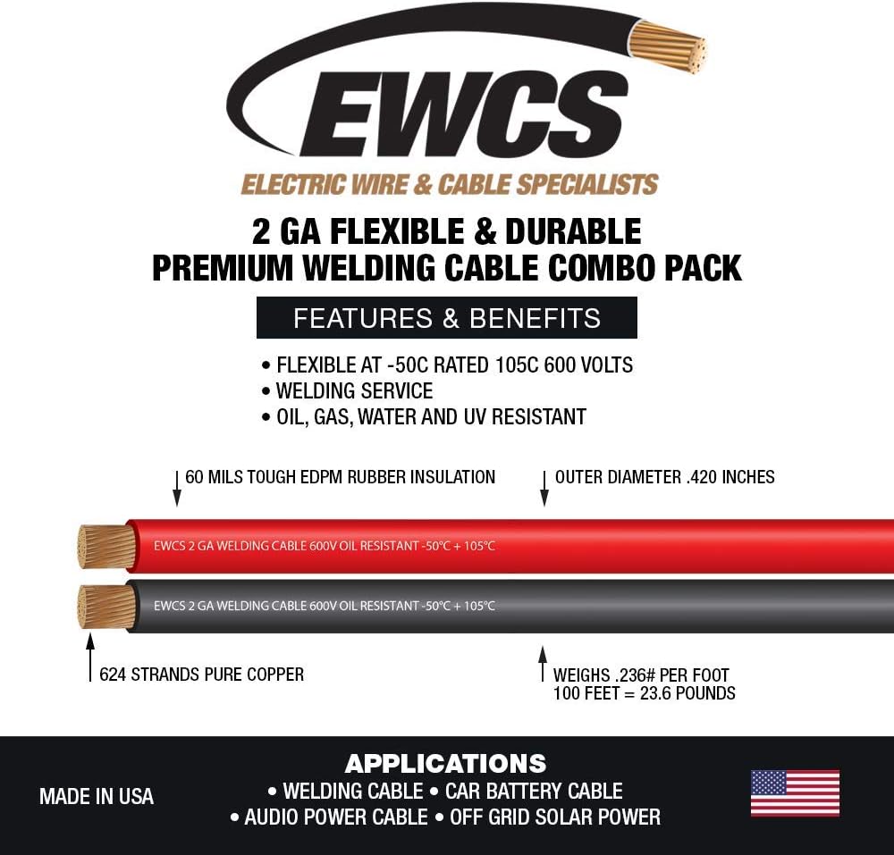 2 Gauge Welding Cable Black Red Combo Pack 20 Feet I673