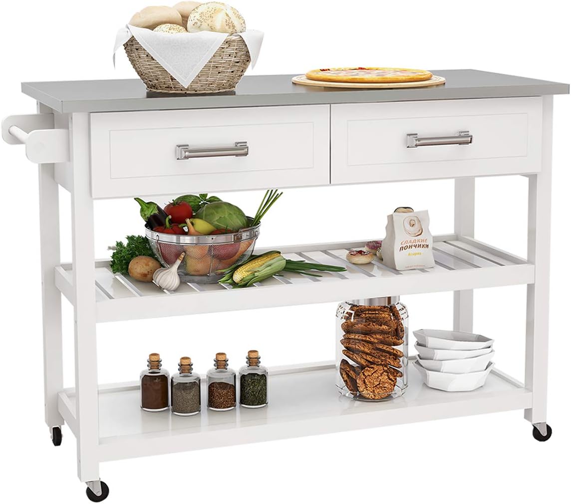 White Kitchen Cart with Stainless Steel Top I88505