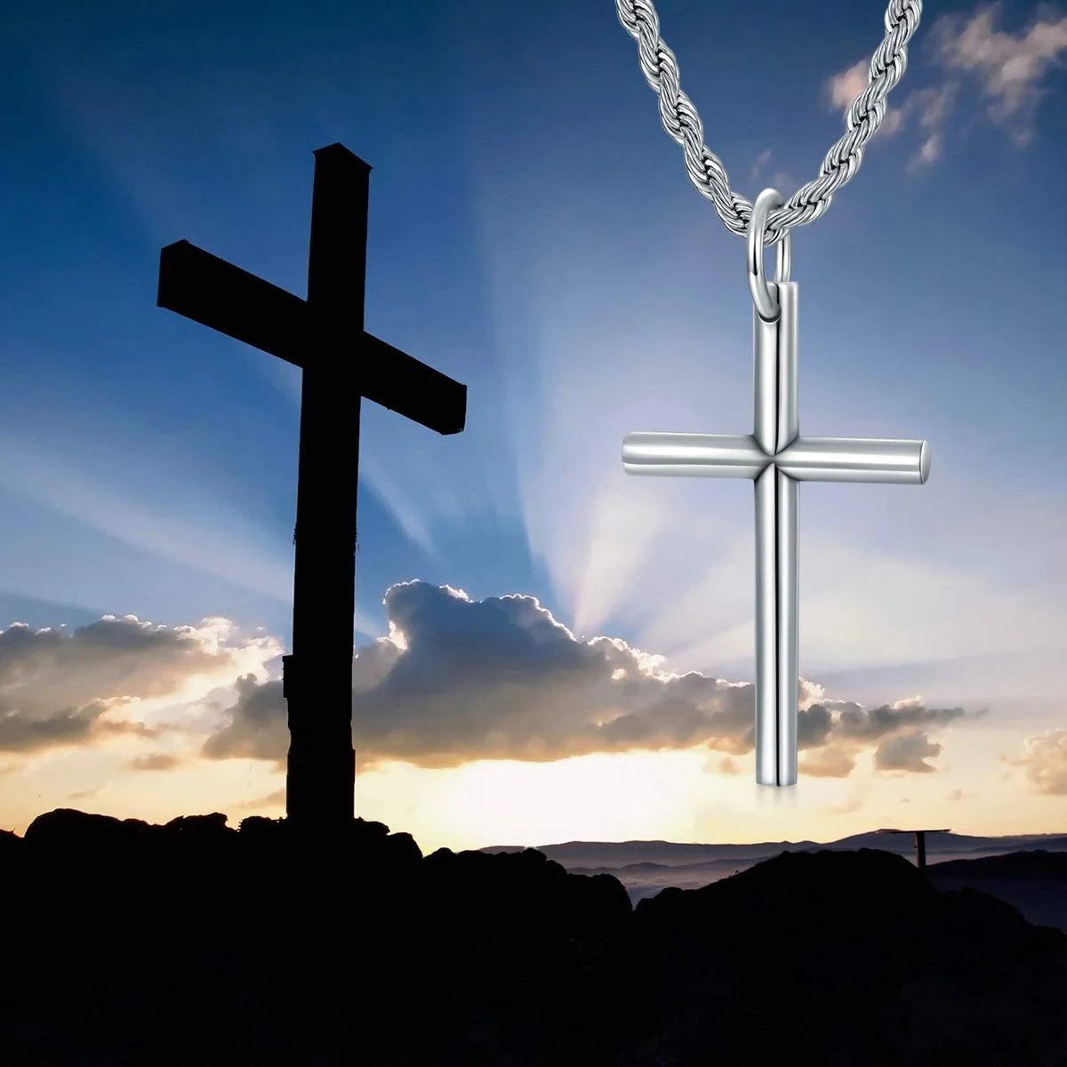Sterling Silver Cross Pendant Necklace Cuban Chain Necklace Rope Chain Necklace D582