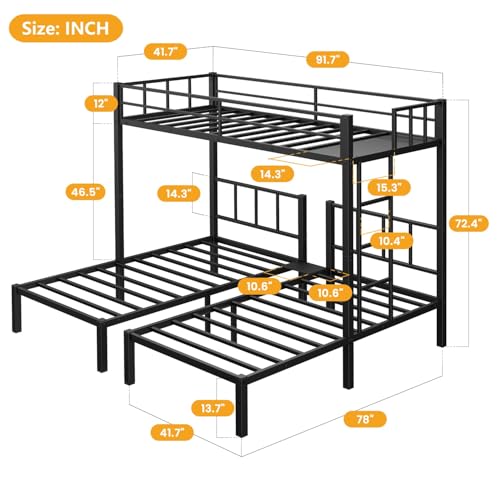 Black Metal Triple Bunk Bed with Guardrails and Ladder A244734