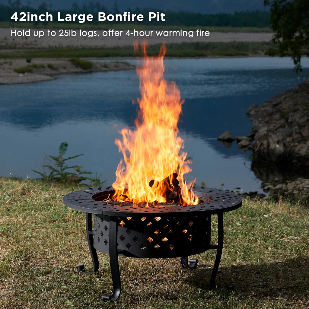 42-inch Metal Fire Pit with 2 Grills and Lid X6005