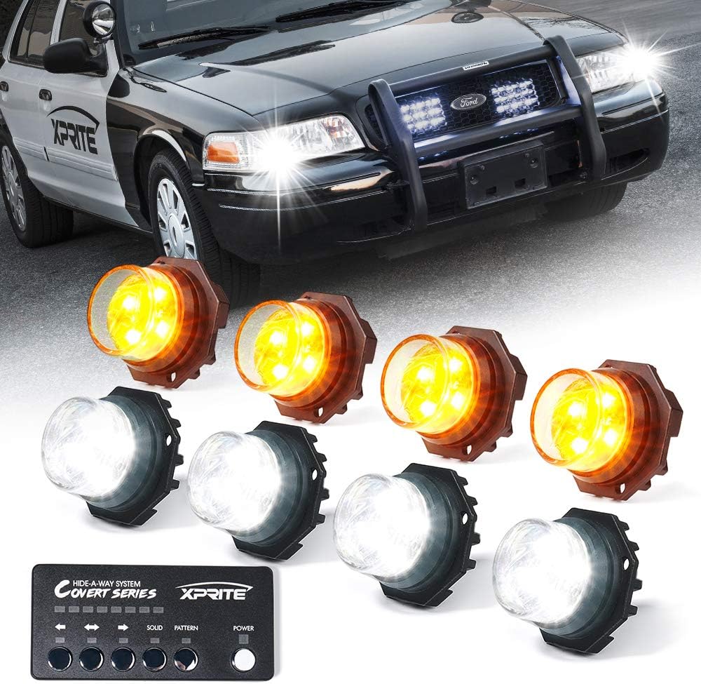 White Amber LED Strobe Lights Kit, Surface Mount Flashing Hazard Warning Light - 8 PCS I37319