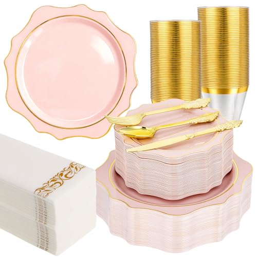 350 PCS Clear and Gold Plastic Plates, 50 Cups, 150 Silverwares, 50 Napkins H63891