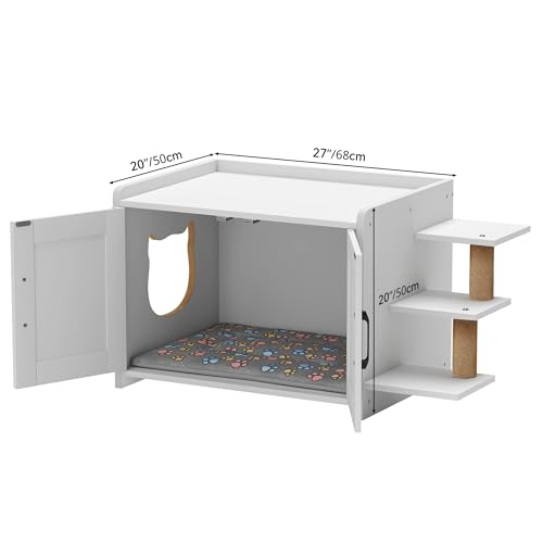 White Wooden Cat Litter Box Enclosure with Scratching Post T320360