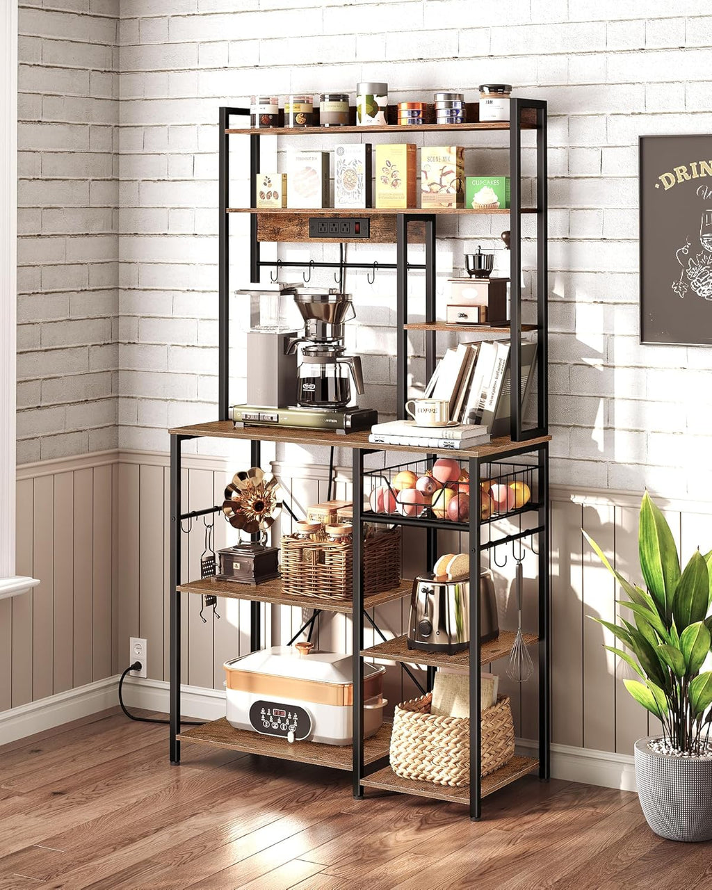 Rustic Brown and Black Floor Standing Bakers Rack with Power Outlet B69982