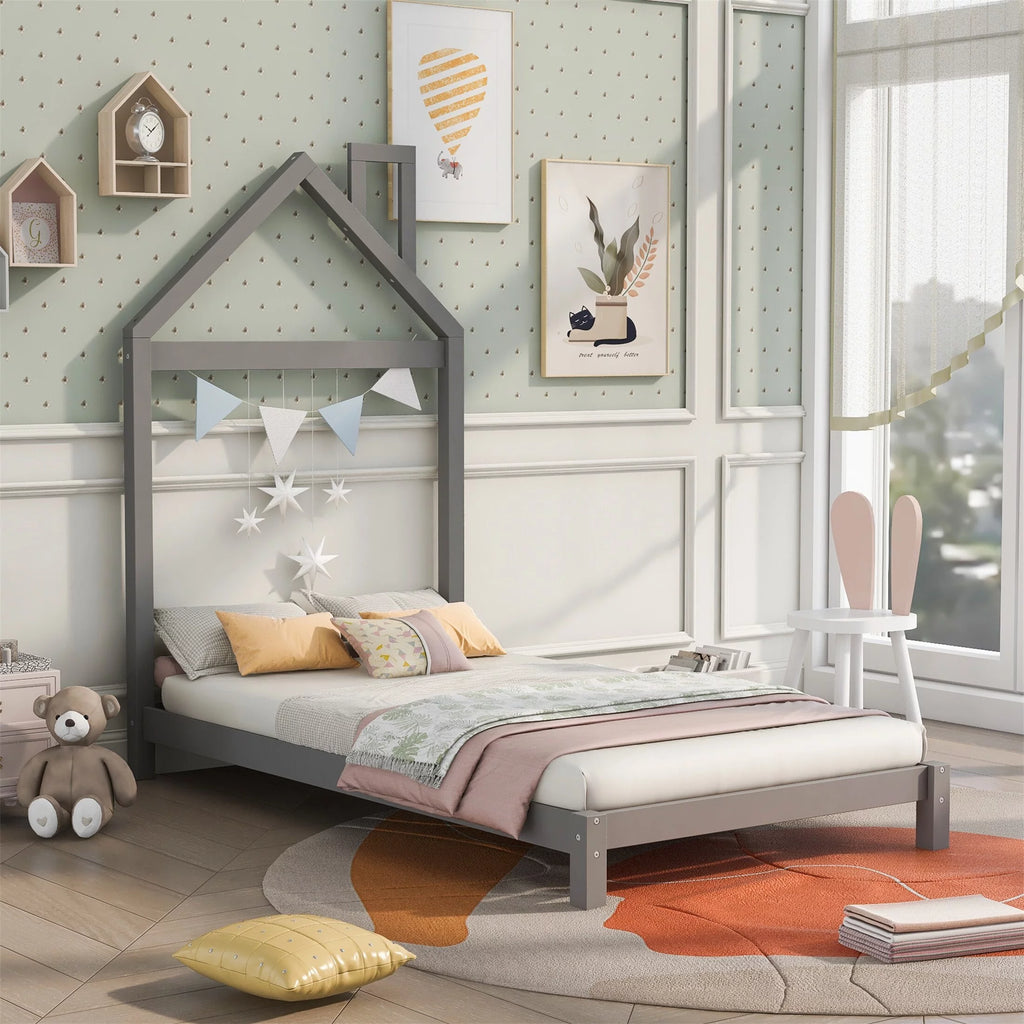 Twin Size Wood Platform Bed with House-shaped Headboard B732103