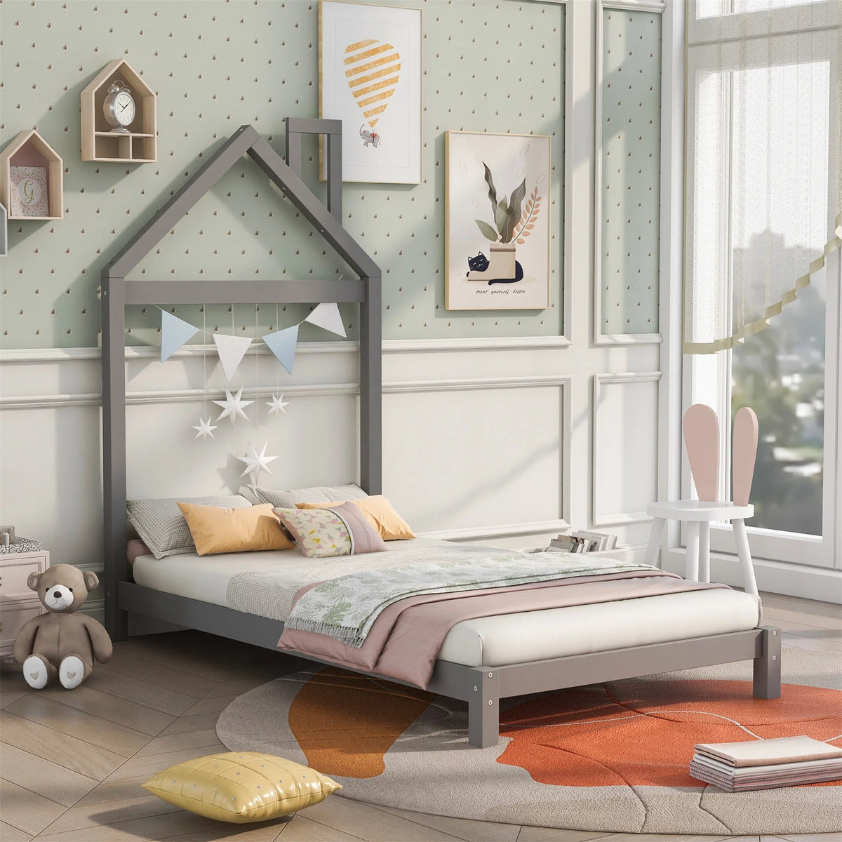 Twin Size Wood Platform Bed with House-shaped Headboard B732103